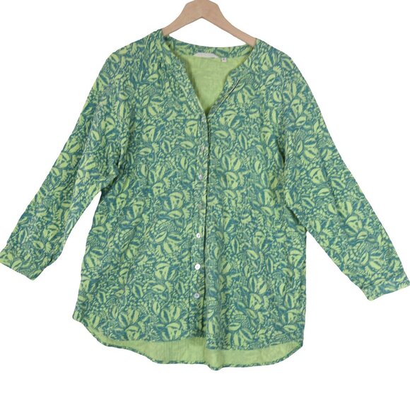 SOFT SURROUNDINGS Double Gauze Cotton Button Up Top Green Leaf Print Boho XL - Picture 1 of 9